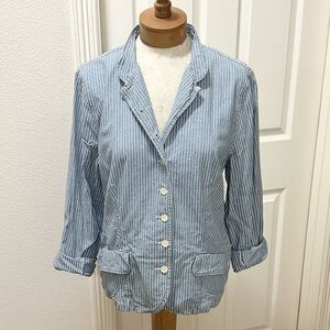 LRL Lauren Jeans Co Shacket, Button Front Collarless Blue and White Striped - 16